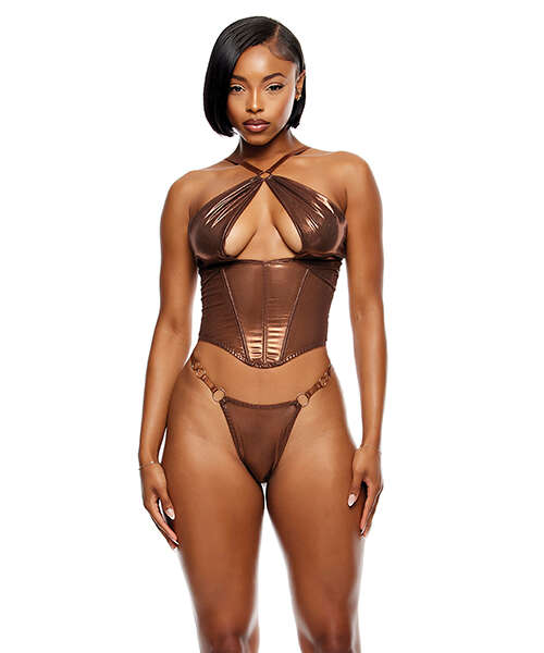 Liquid Metal Metallic Mesh Bustier w/G-String 2 pc Set - Metallic Copper SM