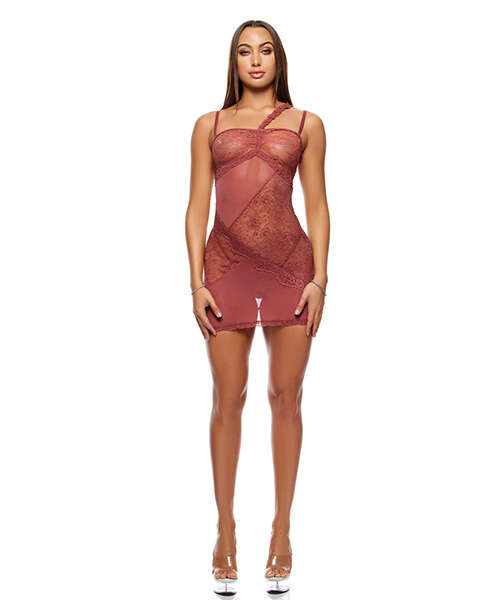 Patch of Petals Sheer Mesh and Lace Chemise w/Thong 2 pc Set - Mauve LG