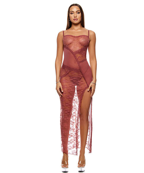 Patch of Petals Sheer Mesh and Lace Gown w/Thong 2 pc Set - Mauve SM