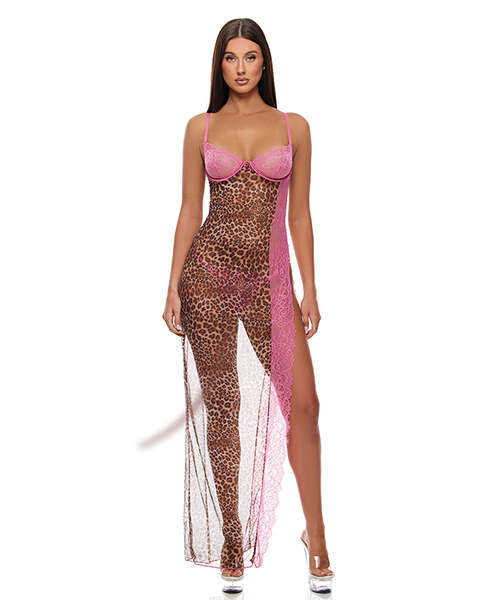 Animal Instincts Mesh Nightgown & Panty - Pink Leopard SM