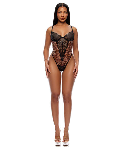 Animal Instincts Sheer Mesh and Lace Teddy - Animal XL