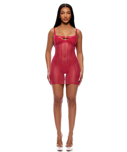 Layers To This Sheer Mesh and Knit Chemise w/Thong 2 pc Set - Pink SM