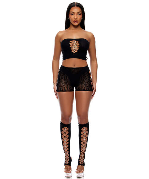 Cross Your Mind Tube Top w/Boy Short & Open Toe Socks Bodystocking - Black QN