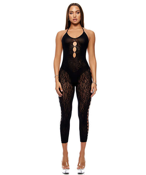 Cross Your Mind Capri Floral Knit Bodystocking w/Rhinestone Details - Black QN