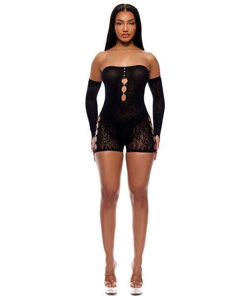 Cross Your Mind Romper Bodystocking w/Rhinestone Details & Gloves 2 pc Set - Black QN