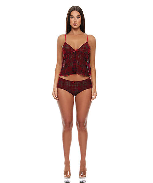 Velvet Lines Mesh Cami & Boy Short 2 pc Set - Red/Black LG
