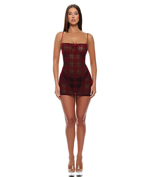 Velvet Lines Mesh Chemise & Thong 2 pc Set - Red/Black LG