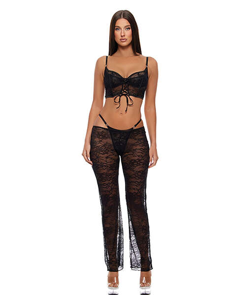 Layer of Seduction Lace Bra, Thong, & Pants 3 pc Set - Black XL