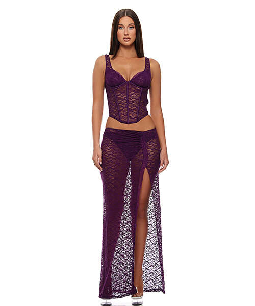 Feel Me Lace Bustier, Panty, & Skirt 3 pc set - Purple SM