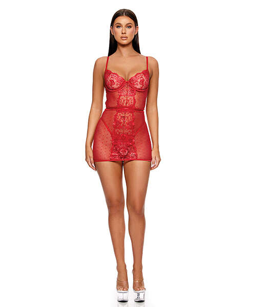 La Vie En Rose Metallic Embroidered Chemise, Panty & Belt 3 pc Set - Red SM