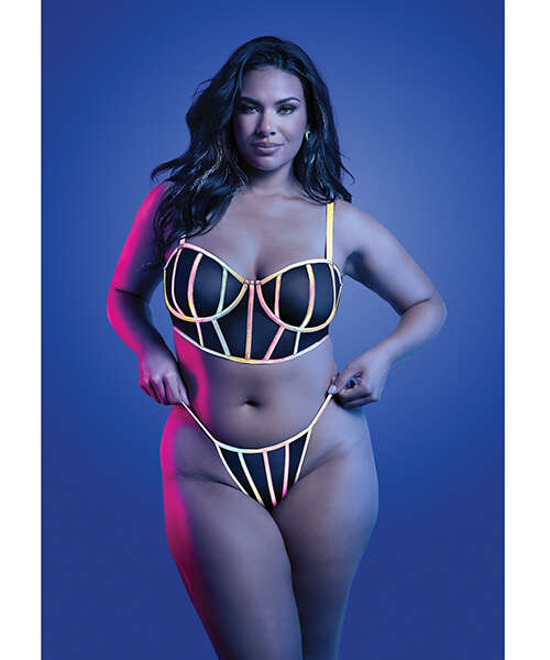 Solar Flare Flash Reflective Binding Underwire Bra & Thong - Black QN