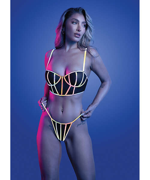 Solar Flare Flash Reflective Binding Underwire Bra & Thong - Black S/M