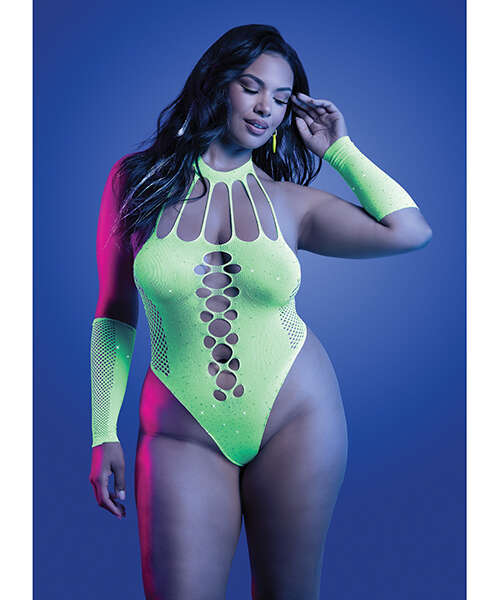 Pressure Point UV Reactive Rhinestone Studded Teddy & Gloves/Leg Warmers 2 pc Set - Neon Green QN