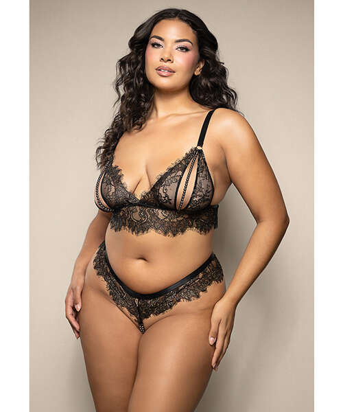 Opulence Metallic Eyelash Lace Bralette w/Pearl String Crotch Panty - Black QN