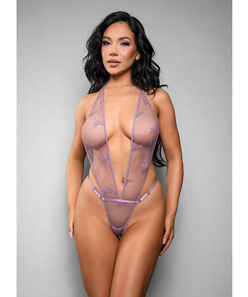 Temptress Gisele Sheer Floral Mesh Open Back Teddy - Lavender M/L