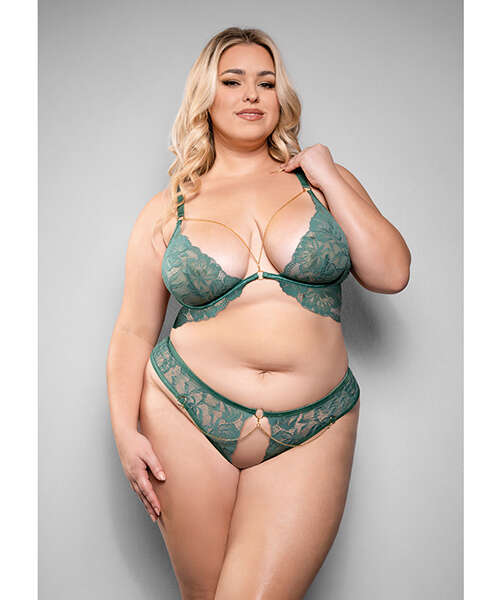 Temptress Aerin Lace Bra w/Removable Chain & Panty 2 pc Set - Green 3X/4X