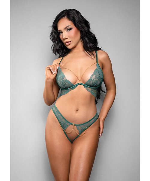 Temptress Aerin Lace Bra w/Removable Chain & Panty 2 pc Set - Green L/XL