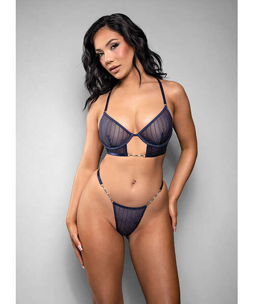Temptress Celeste Sheer Striped Rhinestone Mesh Bra w/G-String 2 pc Set - Navy L/XL