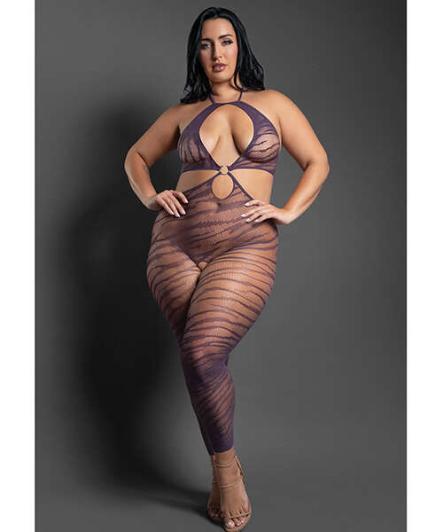 Sheer Set Me Free Mesh Body Stocking w/Zebra Pattern & Open Crotch - Purple QN