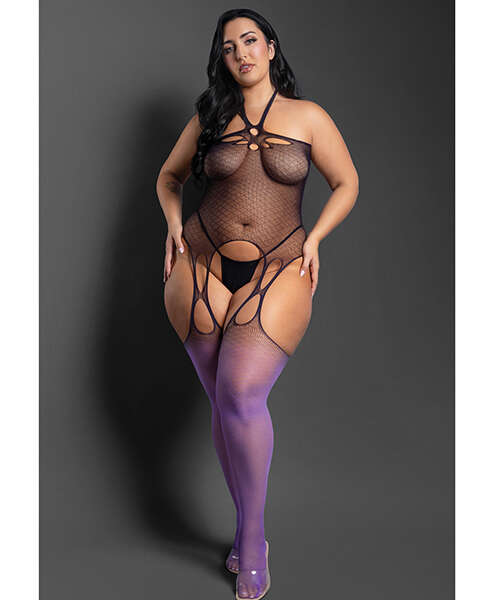Sheer No Comparison Body Stocking w/G-String 2 pc Set - Black/Purple QN