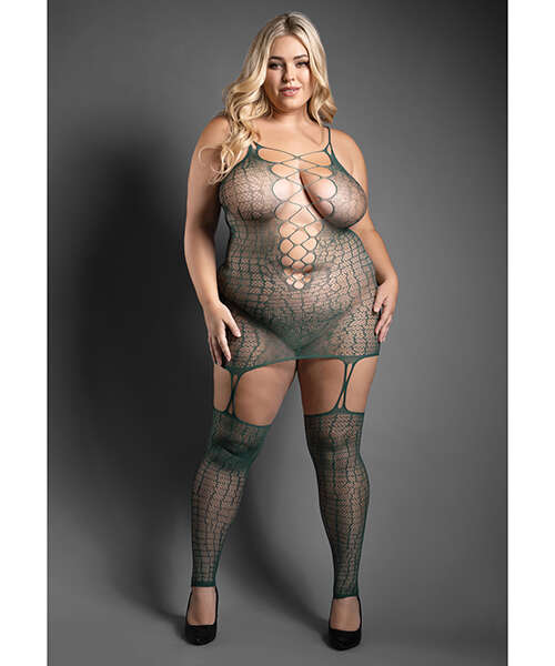 Sheer Wild Heart Reptile Print Bodystocking Dress w/Attached Stockings - Green QN