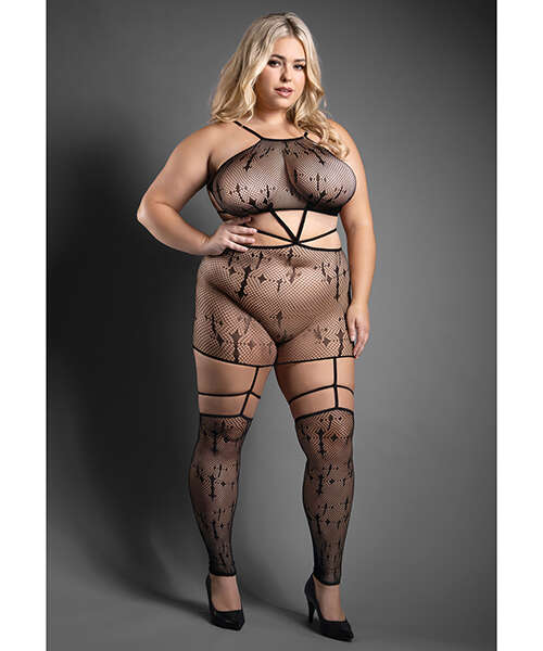 Sheer Unholy Gartered Bodystocking Dress w/Attached Stockings - Black QN
