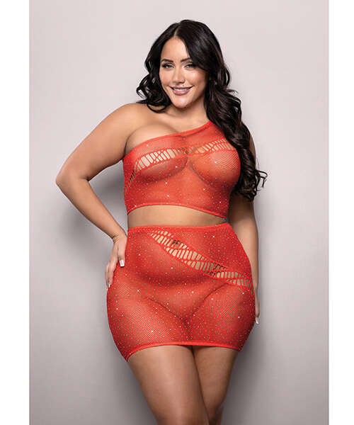 Vixen Set The Tone Rhinestone Knit One Shoulder Top w/Skirt 2 pc Set - Red QN