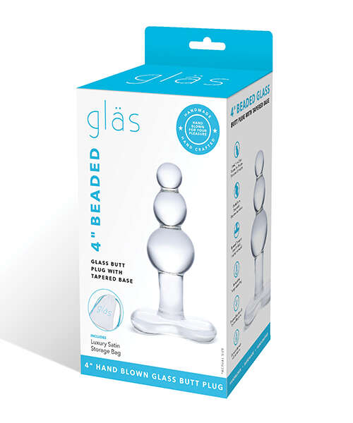 Glas 4" Beaded Glass Butt Plug w/Tapered Base - Clear