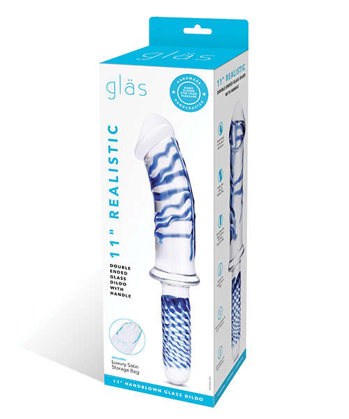 Glas 11" Realistic Double Ended Glass Dildo w/Handle - Blue
