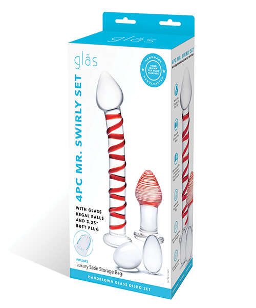 Glas 4 pc Mr. Swirly Set w/Glass Kegel Balls & 3.25" Butt Plug - Red