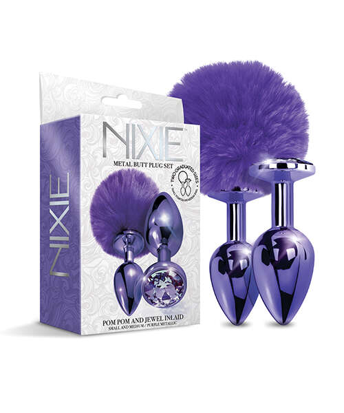Nixie Metal Butt Plug Set w/Jewel Inlaid & Pom Pom - Purple Metallic