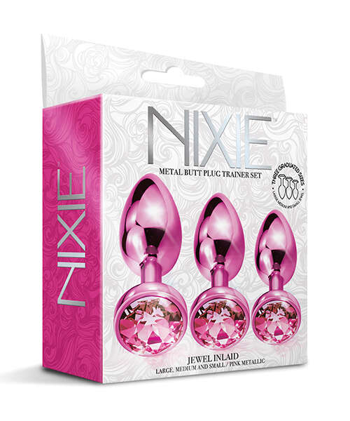 Nixie Metal Butt Plug Trainer Set w/Inlaid Jewel - Pink Metallic
