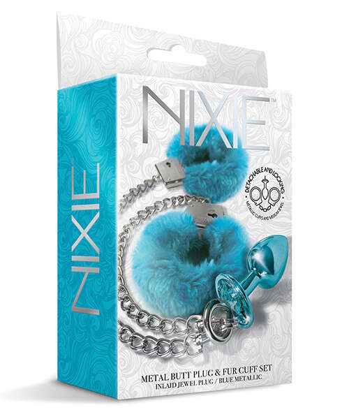 Nixie Metal Butt Plug w/Inlaid Jewel & Fur Cuff Set - Blue Metallic