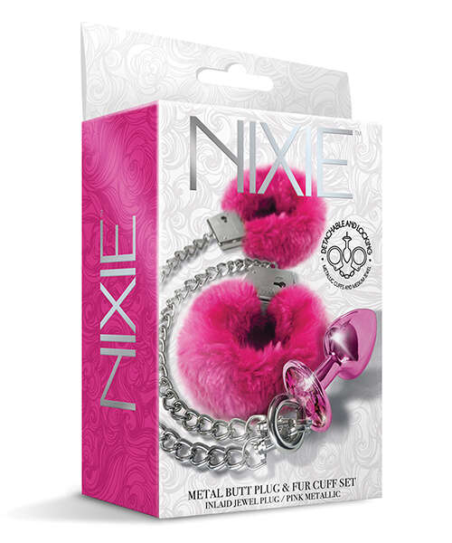 Nixie Metal Butt Plug w/Inlaid Jewel & Fur Cuff Set - Pink Metallic