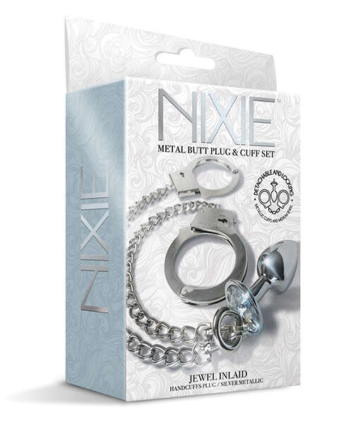 Nixie Metal Butt Plug w/Inlaid Jewel & Fur Cuff Set - Silver Metallic