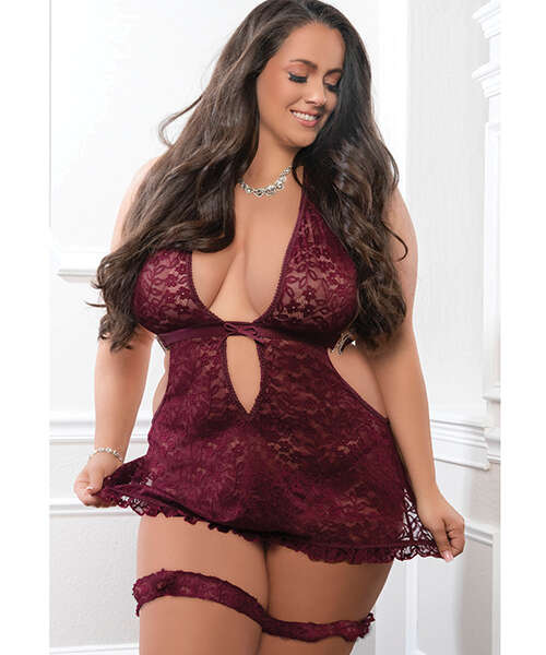 Apron Style Halter Mini Dress w/Thong & Lace Garters - Burgundy QN