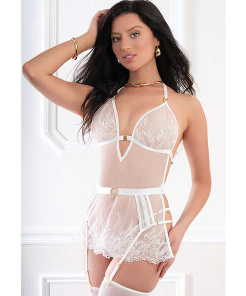 Sheer Lace Apron Style Babydoll, Garters, Open Back Panty & Stockings - White O/S