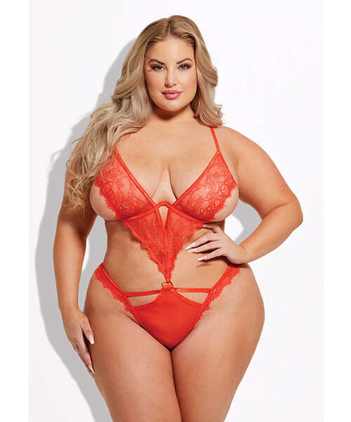 Nadia Lace & Mesh Cutout Teddy - Grenadine Dark Orange 1X/2X