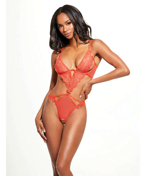 Nadia Lace & Mesh Cutout Teddy - Grenadine Dark Orange XL