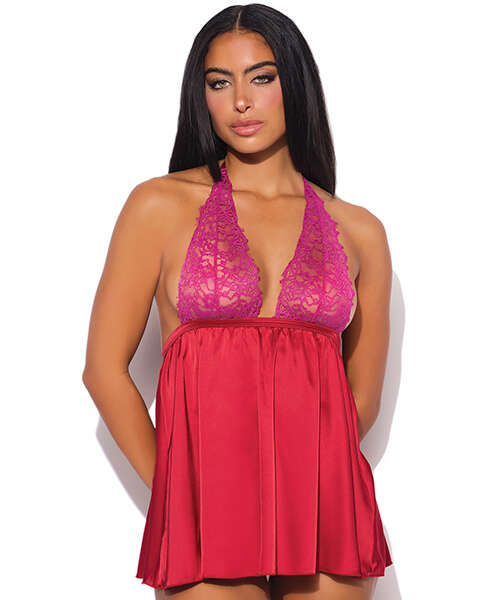 Jocelyn Lace & Satin Halter Mini Babydoll Dress w/Thong - Raspberry MD