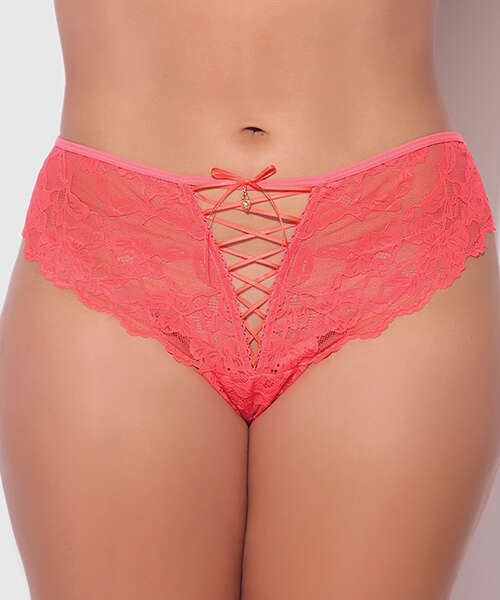 Bella Lace Up Tanga Panty w/Jewel Detail - Coral 3X/4X