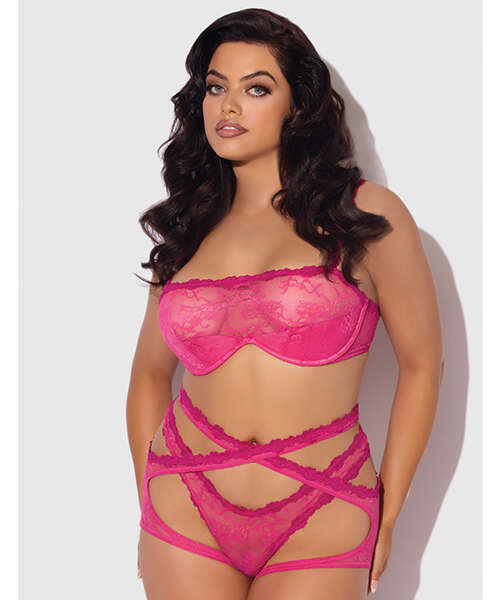 Yvone Lace Bra w/Removable Straps, Garter & Tanga Panty 3 pc Set - Pink 1X/2X