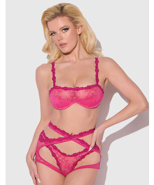 Yvone Lace Bra w/Removable Straps, Garter & Tanga Panty 3 pc Set - Pink SM