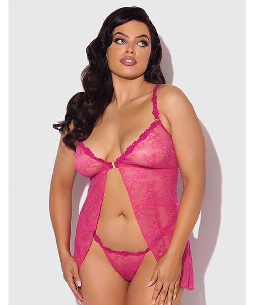 Yvone Lace Babydoll w/Front Closure & G-String 2 pc Set - Pink 1X/2X