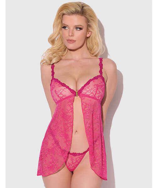 Yvone Lace Babydoll w/Front Closure & G-String 2 pc Set - Pink MD