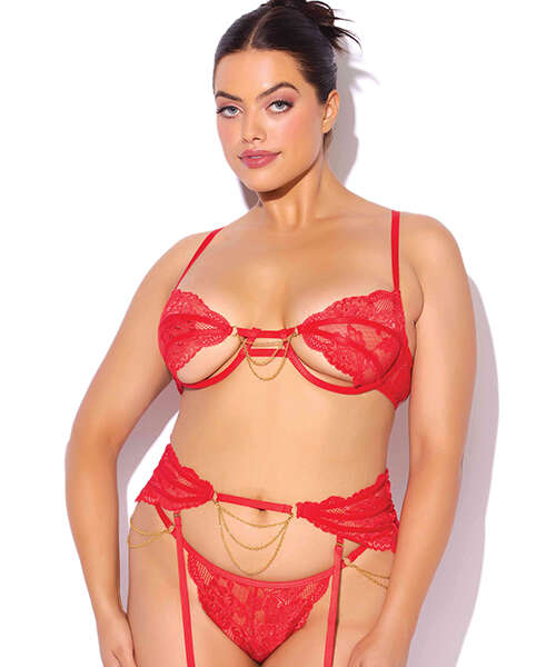 Cecily Lace Cut-Out Bra & Thong w/Garter Straps - Red 1X/2X