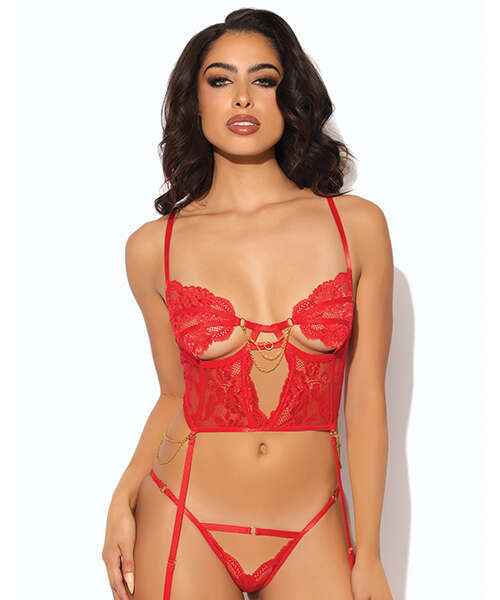 Cecily Lace & Mesh Bustier w/Thong & Garter Straps - Red XL