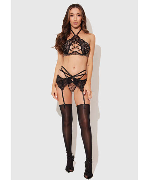 Felicia Mesh and Lace Bralette w/Garter & G-String 3 pc Set - Leopard SM