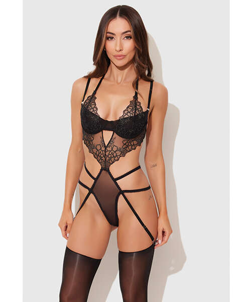 Eden Embroidered Lace & Mesh Teddy w/Garters - Black MD