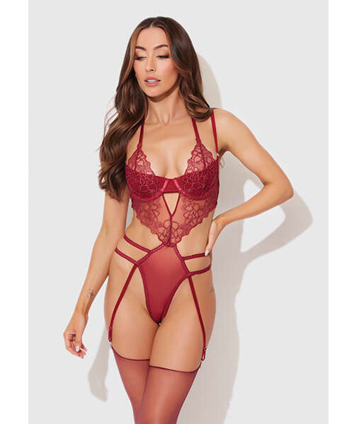 Eden Embroidered Lace & Mesh Teddy w/Garters - Dark Red MD